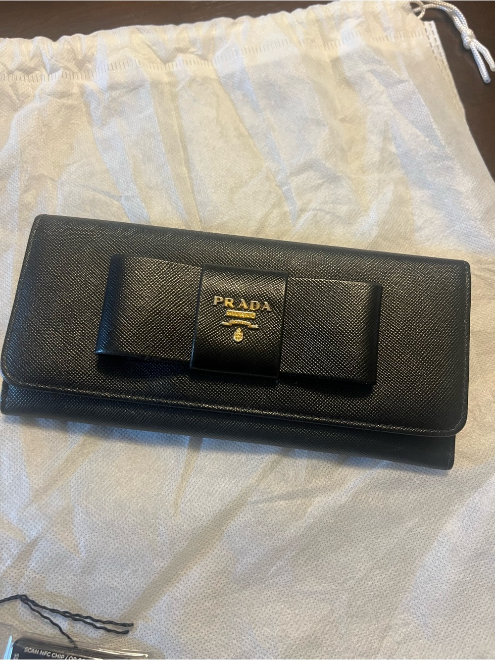 Prada Black Saffiano Leather Bow Continental Card Holder